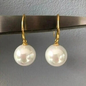 Large Faux 16mm White Sea Shell Pearls  18k Gold Plated Earrings NWT